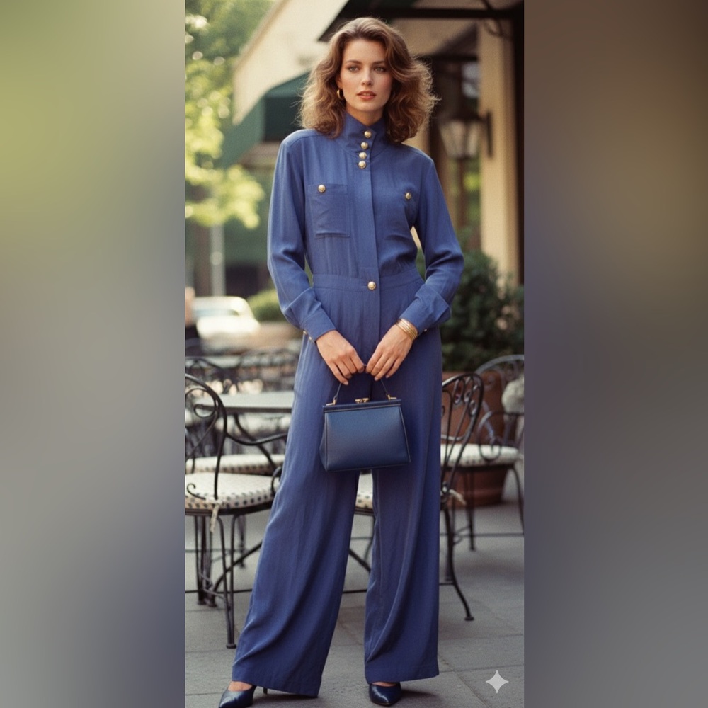 Madeline blue silk‎ vintage Jumpsuit with Gold Accents long sleeve sz 14 90’s